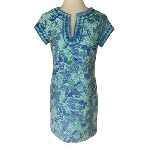 Vineyard Vines Cordia Floral Bird Print Embroidered Linen Tunic Sheath Dress 00